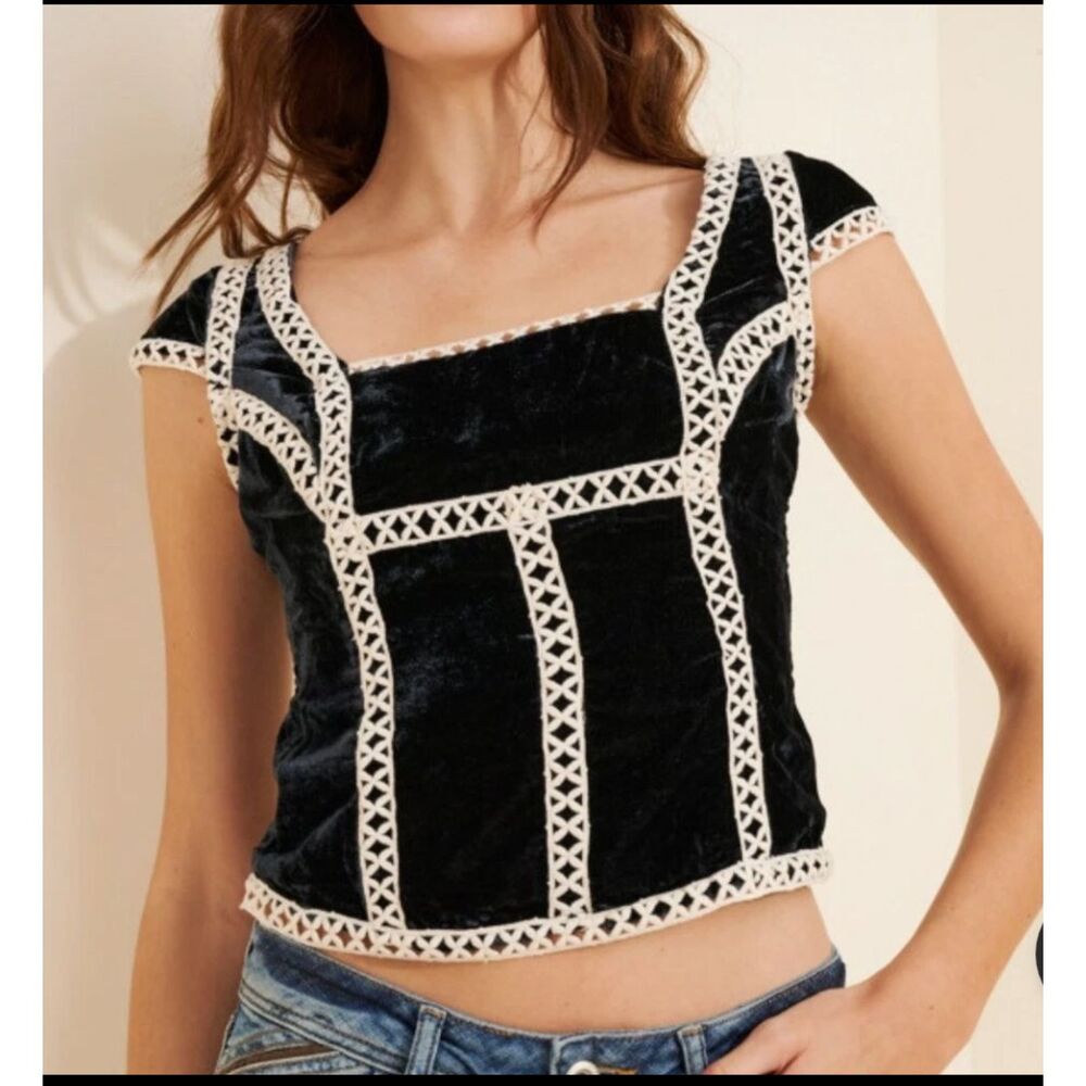 Free People Tyler Black Velvet Coset Top Sz S Boho Renaissance Romantic